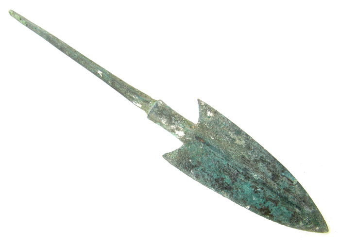 Ancient Bronze Age Spear Head Description: Rare ancient bronze age spear. Professionally cleaned and polished to show original details. This item includes a lifetime authenticity certificate. Material: Bronze / smooth green patina. Condition: Very Good / see photos.